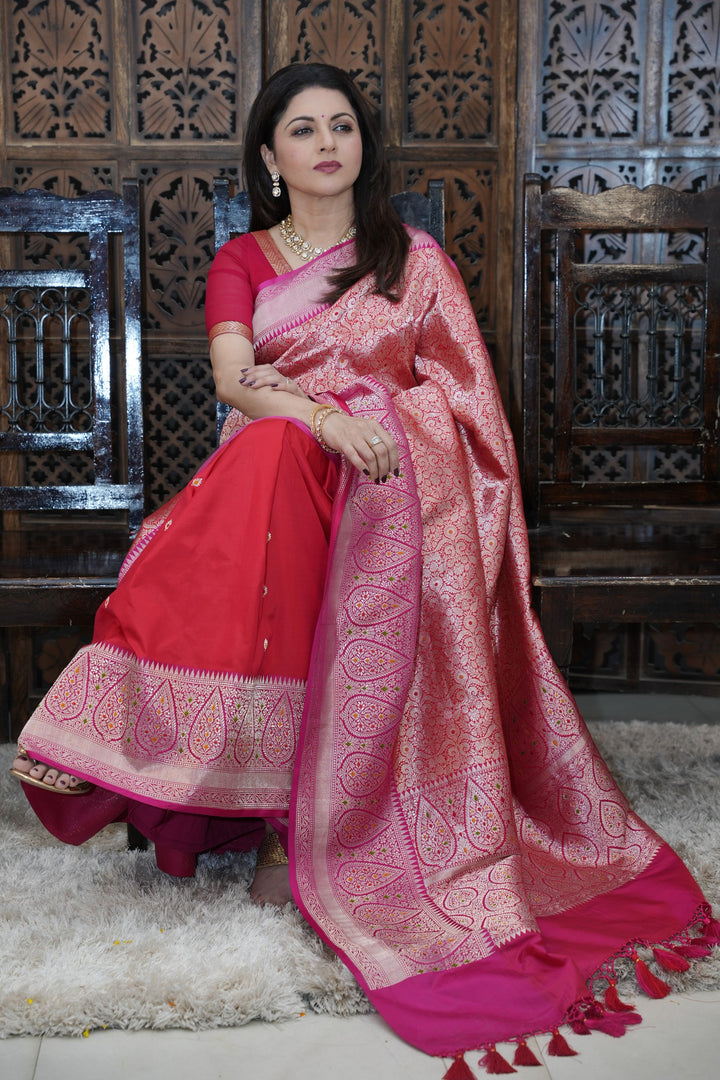Red Meenakari Brocade Half and Half Banarasi Katan Silk Saree with Ornate Zari Borders | SILK MARK CERTIFIED | SHOBITAM