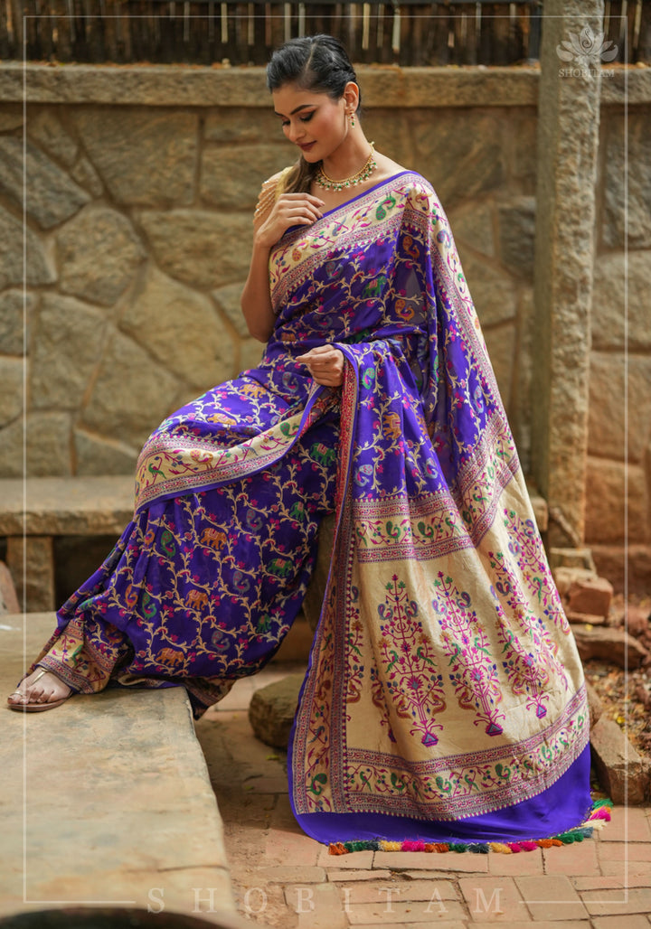 Purple Georgette Banarasi Silk Saree with Meenakari Shikkaargah Jaal  | Silk Mark Certified | Shobitam Saree