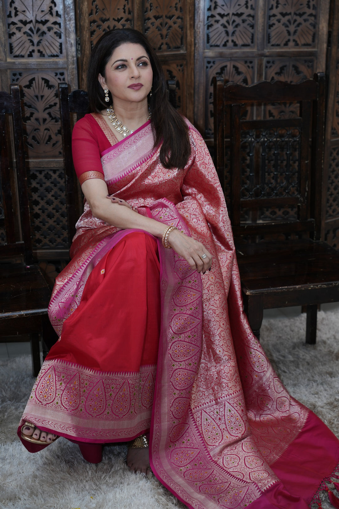 Red Meenakari Brocade Half and Half Banarasi Katan Silk Saree with Ornate Zari Borders | SILK MARK CERTIFIED | SHOBITAM