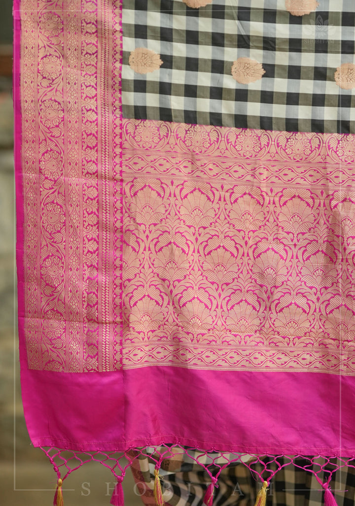 Pure Katan Silk Banarasi Saree in Black and White Checks with Contrasting Pink Borders  | SILK MARK CERTIFIED