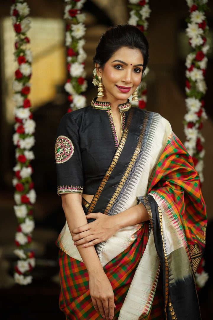 Black Raw Silk Blouse with Collar neck with Jadau Mandala Design, Made to Order