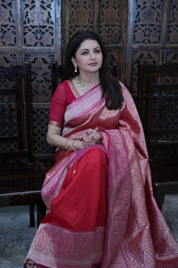 Red Meenakari Brocade Half and Half Banarasi Katan Silk Saree with Ornate Zari Borders | SILK MARK CERTIFIED | SHOBITAM