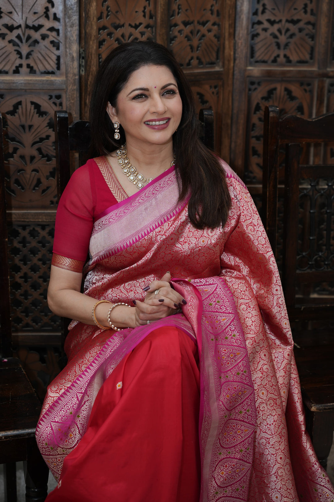 Red Meenakari Brocade Half and Half Banarasi Katan Silk Saree with Ornate Zari Borders | SILK MARK CERTIFIED | SHOBITAM