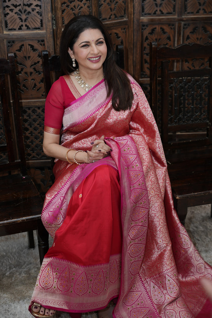 Red Meenakari Brocade Half and Half Banarasi Katan Silk Saree with Ornate Zari Borders | SILK MARK CERTIFIED | SHOBITAM