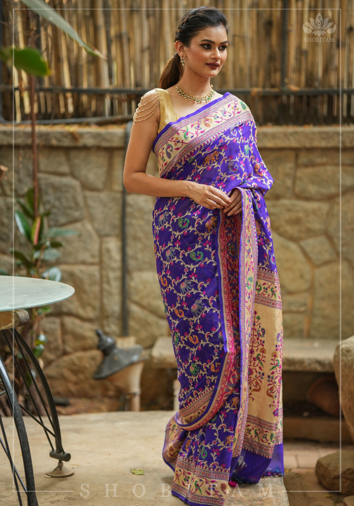 Purple Georgette Banarasi Silk Saree with Meenakari Shikkaargah Jaal  | Silk Mark Certified | Shobitam Saree