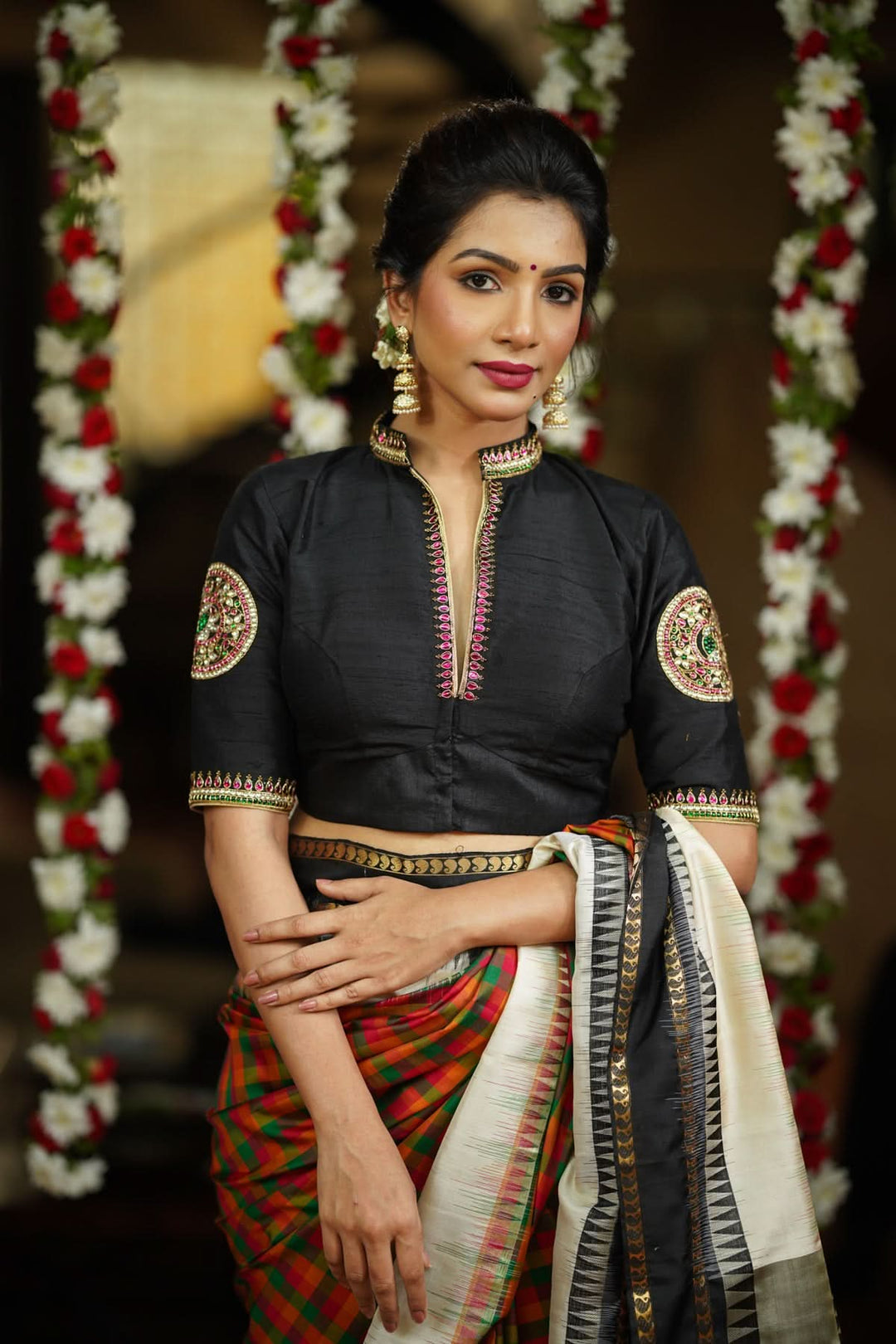 Black Raw Silk Blouse with Collar neck with Jadau Mandala Design, Made to Order