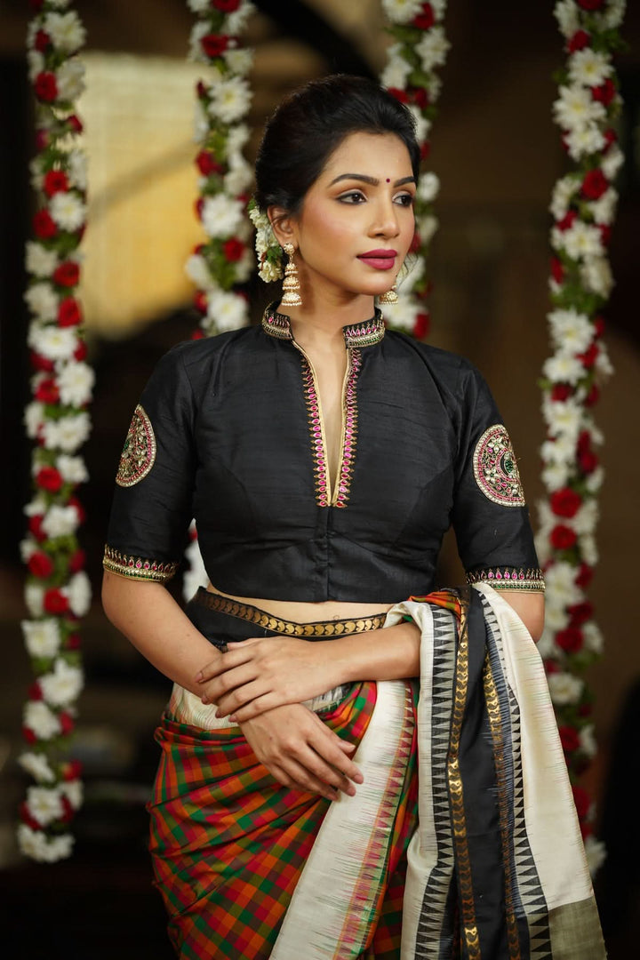 Black Raw Silk Blouse with Collar neck with Jadau Mandala Design, Made to Order