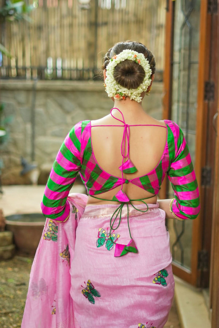 Emerald pink checked pure raw silk U neck blouse