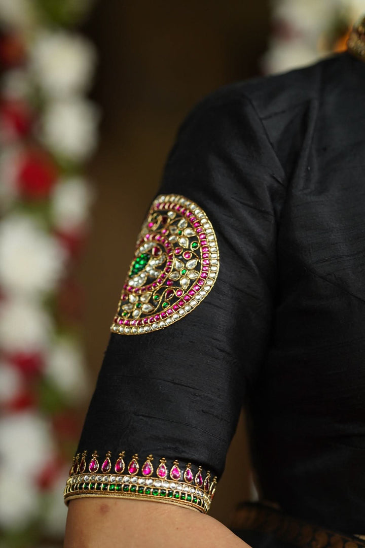 Black Raw Silk Blouse with Collar neck with Jadau Mandala Design, Made to Order