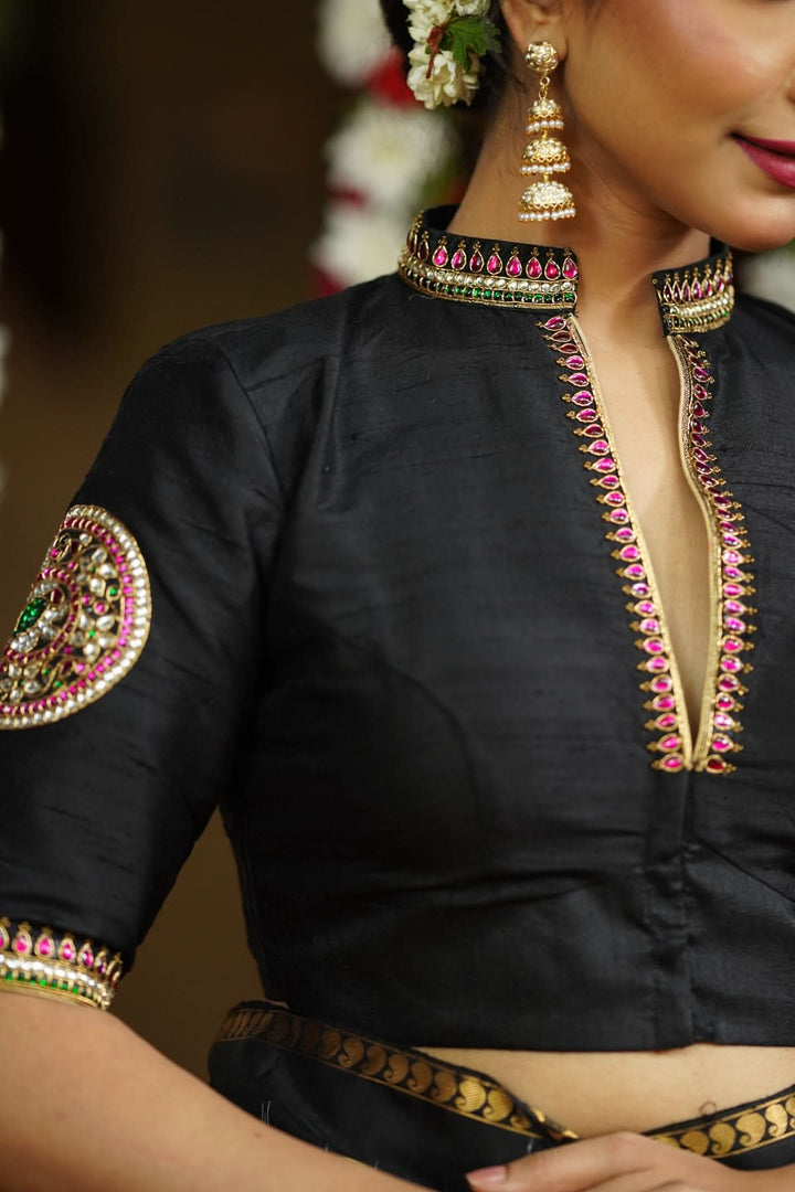 Black Raw Silk Blouse with Collar neck with Jadau Mandala Design, Made to Order