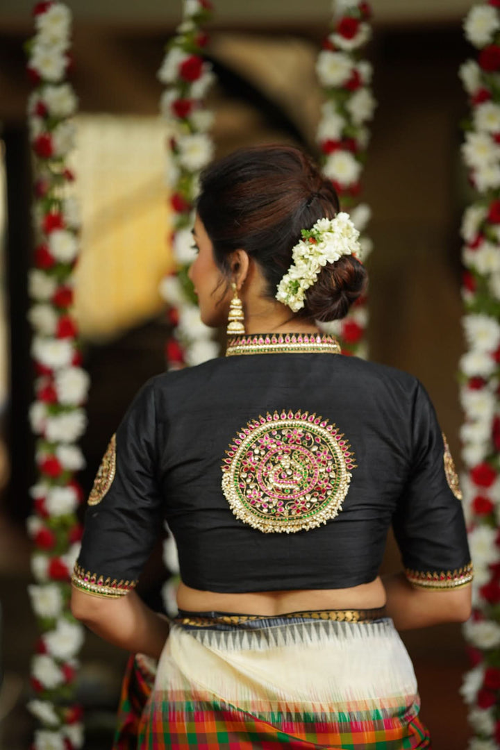 Black Raw Silk Blouse with Collar neck with Jadau Mandala Design, Made to Order