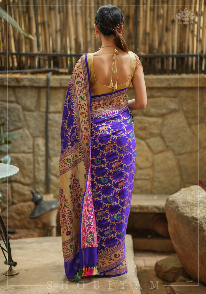 Purple Georgette Banarasi Silk Saree with Meenakari Shikkaargah Jaal  | Silk Mark Certified | Shobitam Saree