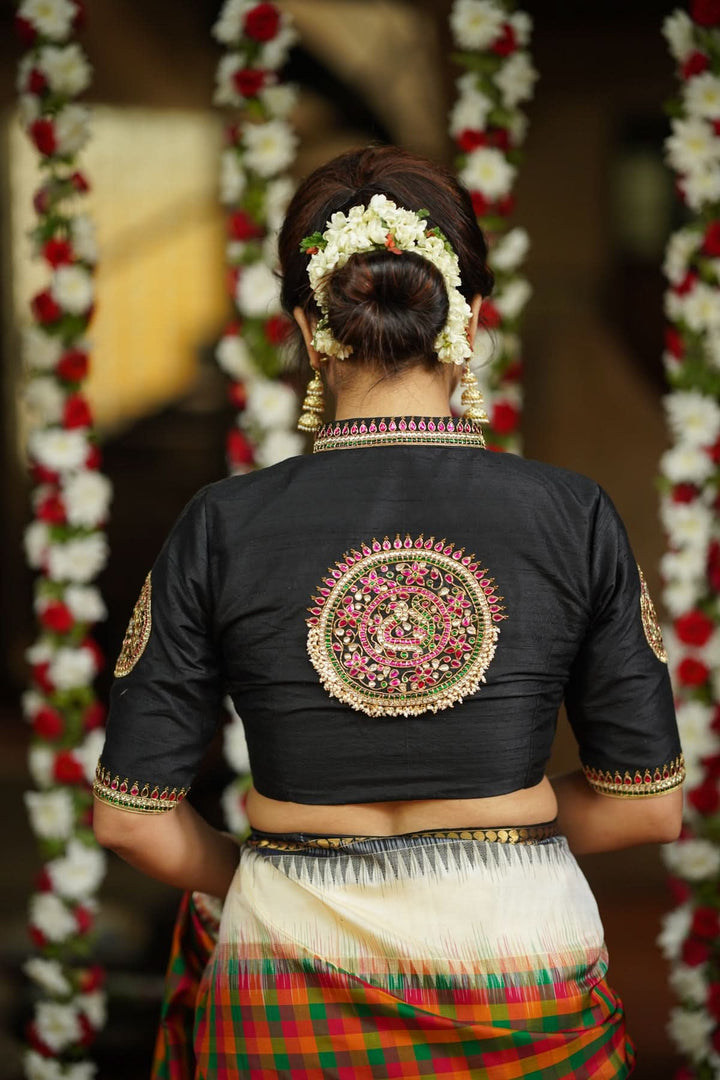 Black Raw Silk Blouse with Collar neck with Jadau Mandala Design, Made to Order