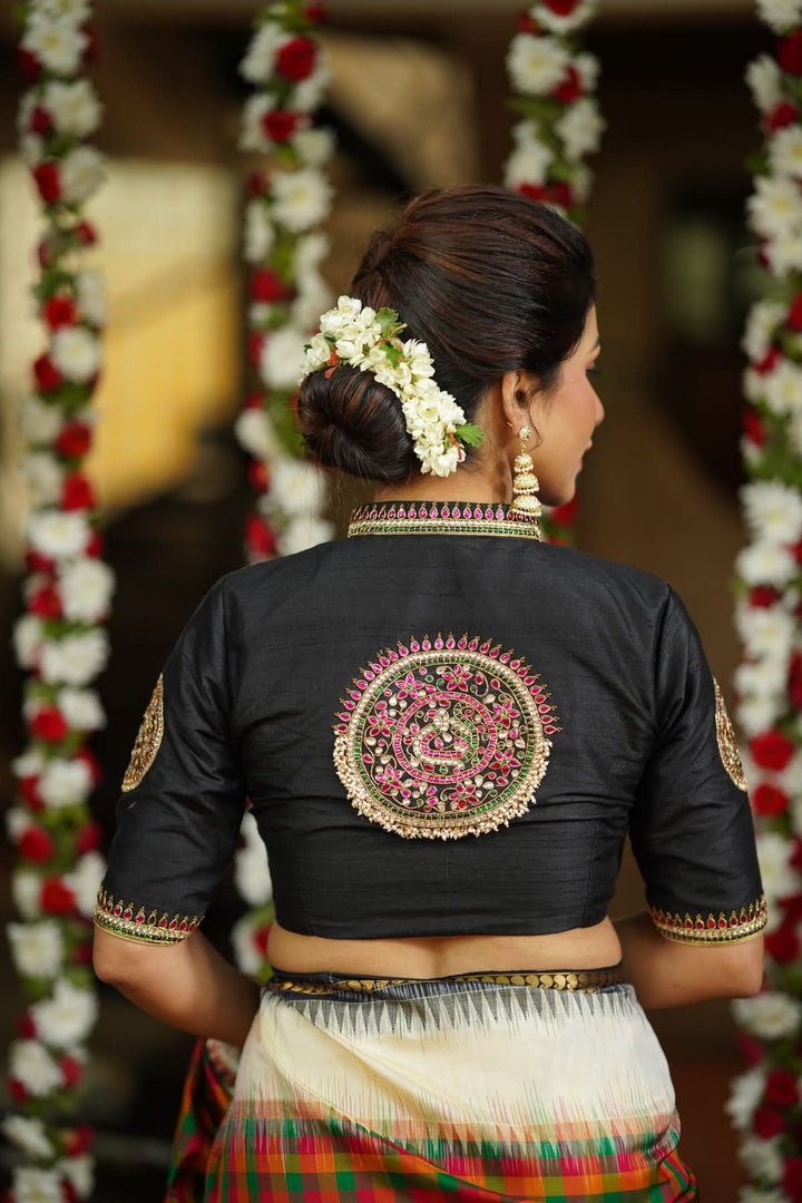 Black Raw Silk Blouse with Collar neck with Jadau Mandala Design, Made to Order