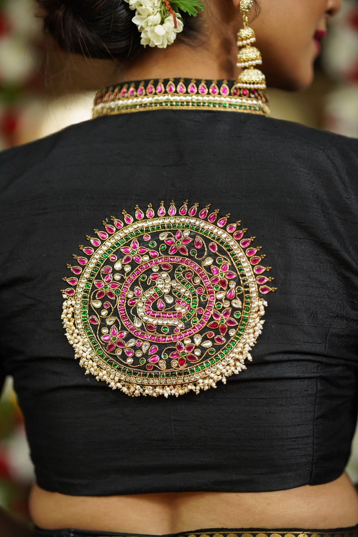 Black Raw Silk Blouse with Collar neck with Jadau Mandala Design, Made to Order