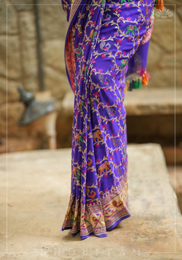 Purple Georgette Banarasi Silk Saree with Meenakari Shikkaargah Jaal  | Silk Mark Certified | Shobitam Saree