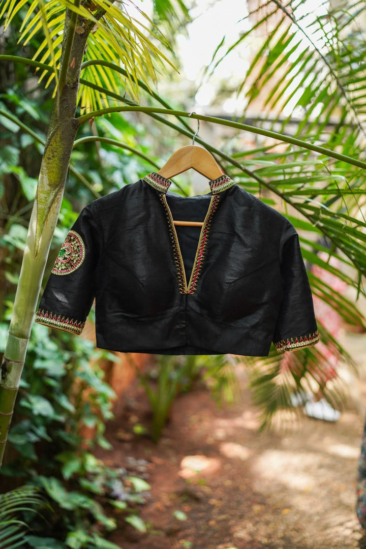 Black Raw Silk Blouse with Collar neck with Jadau Mandala Design, Made to Order