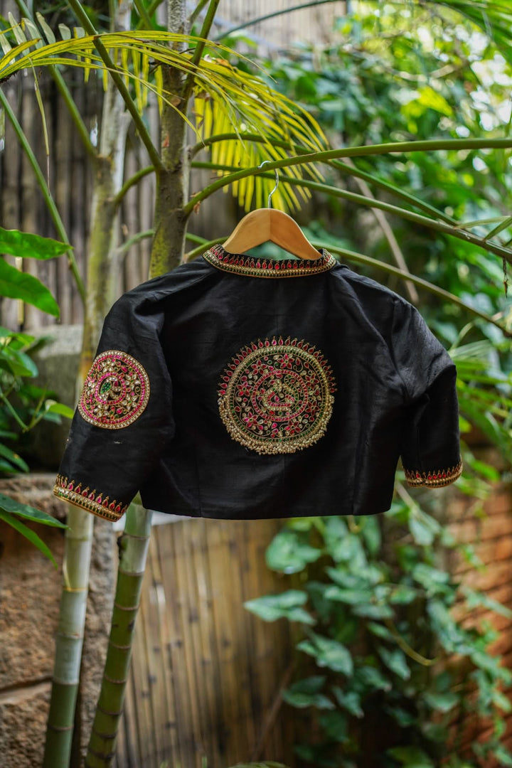 Black Raw Silk Blouse with Collar neck with Jadau Mandala Design, Made to Order