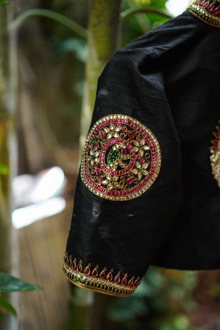 Black Raw Silk Blouse with Collar neck with Jadau Mandala Design, Made to Order