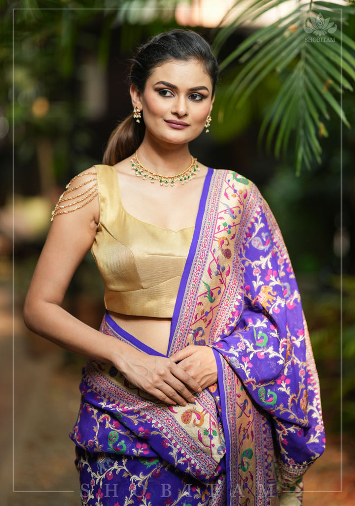 Purple Georgette Banarasi Silk Saree with Meenakari Shikkaargah Jaal  | Silk Mark Certified | Shobitam Saree