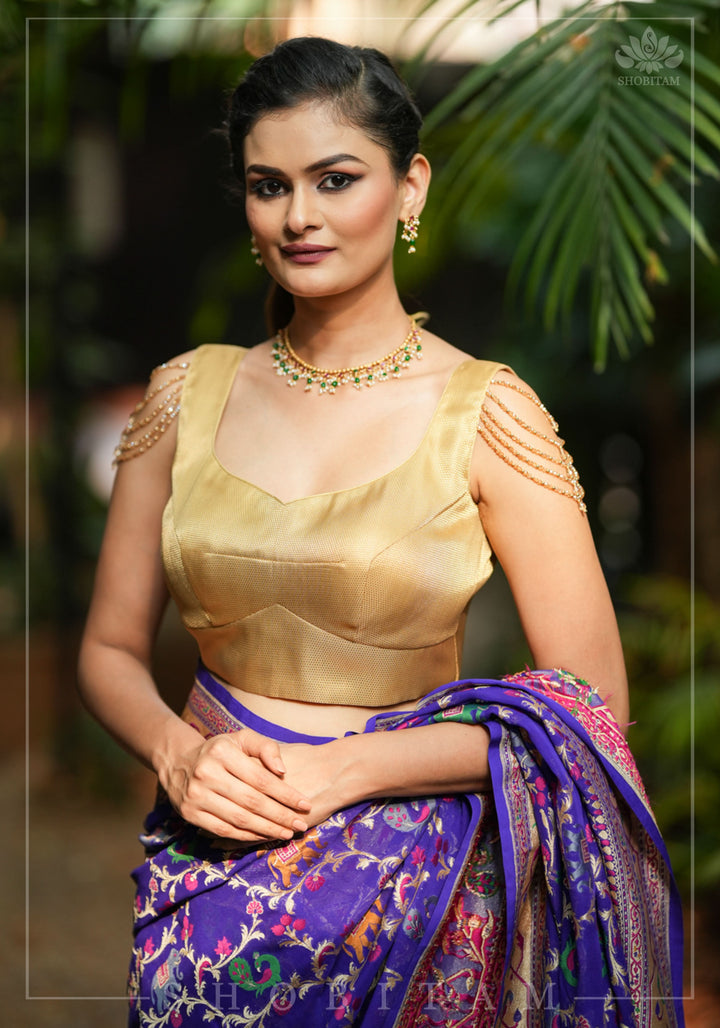 Golden Self Weave Geometric Design Blouse with Dangling multirow crystals over upper arm