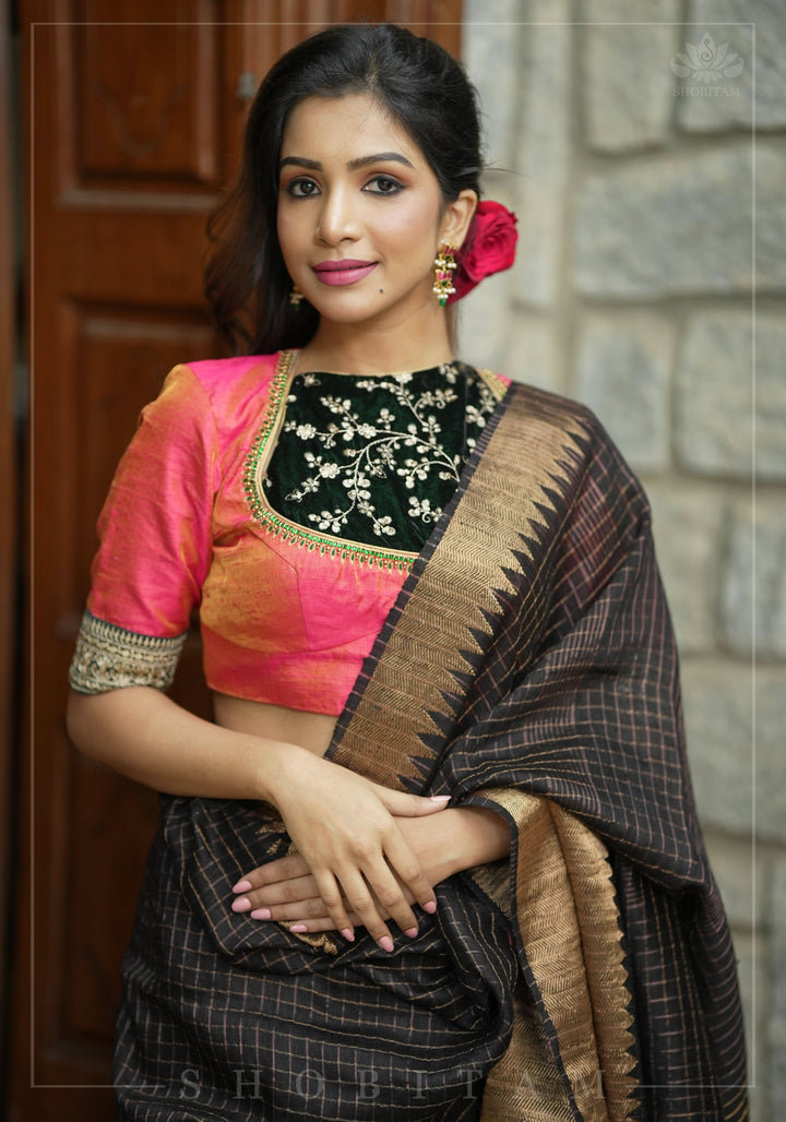 Matka Silk Saree in Black with Zari Checks and Wide Zari Temple Border | SILK MARK CERTIFIED