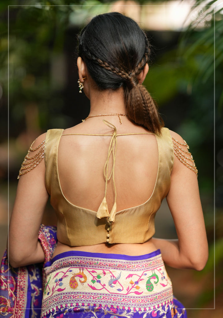 Golden Self Weave Geometric Design Blouse with Dangling multirow crystals over upper arm