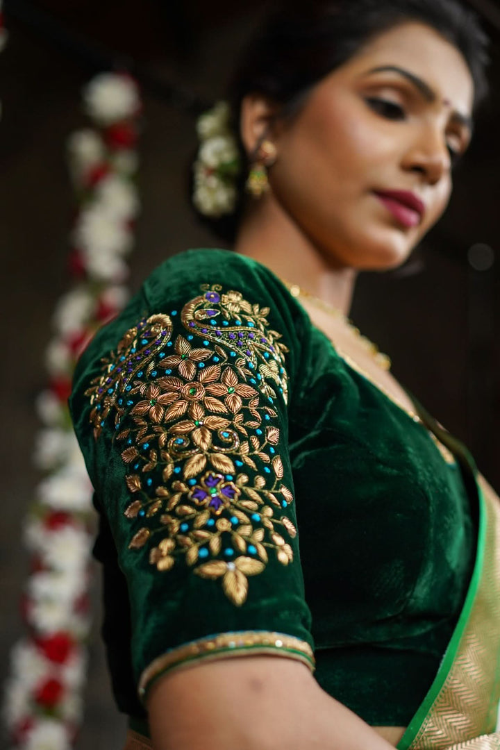 Green Velvet Blouse with Zardosi Work   Mix and Match Blouse for saree, Made to Order