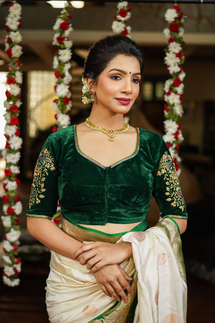 Green Velvet Blouse with Zardosi Work   Mix and Match Blouse for saree, Made to Order