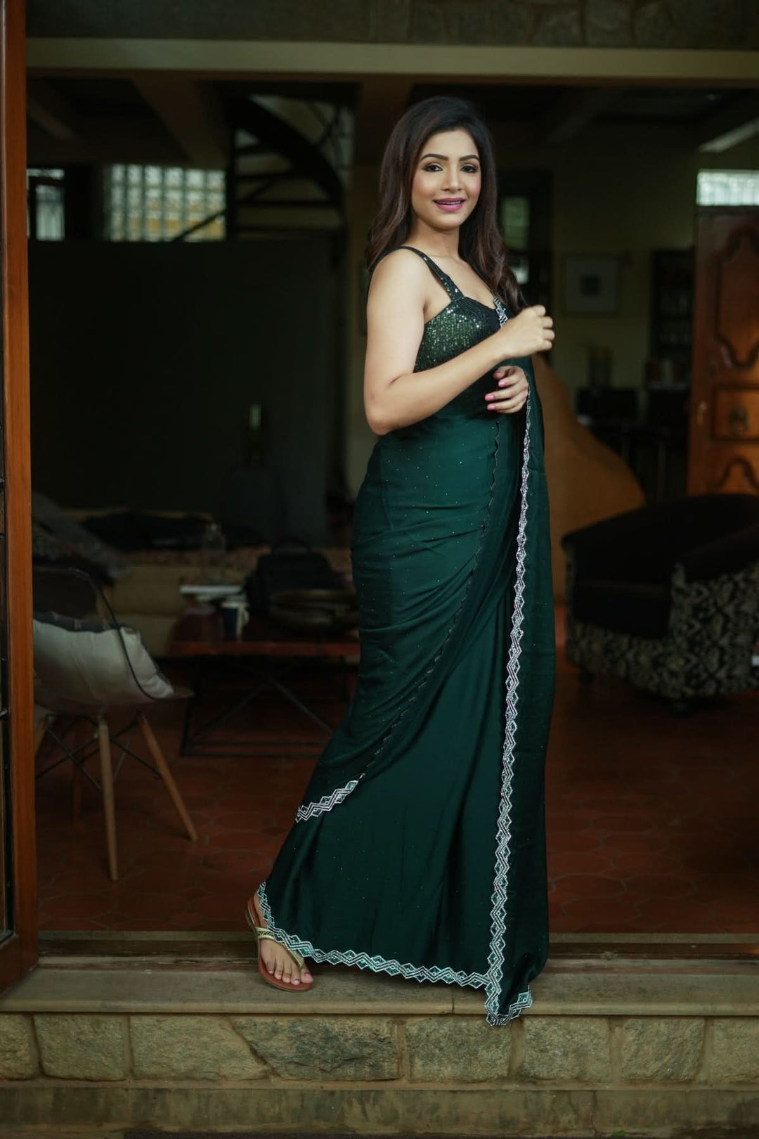 Shamoo Satin Silk saree in Bottle Green with elegant crystal work | SHOBITAM