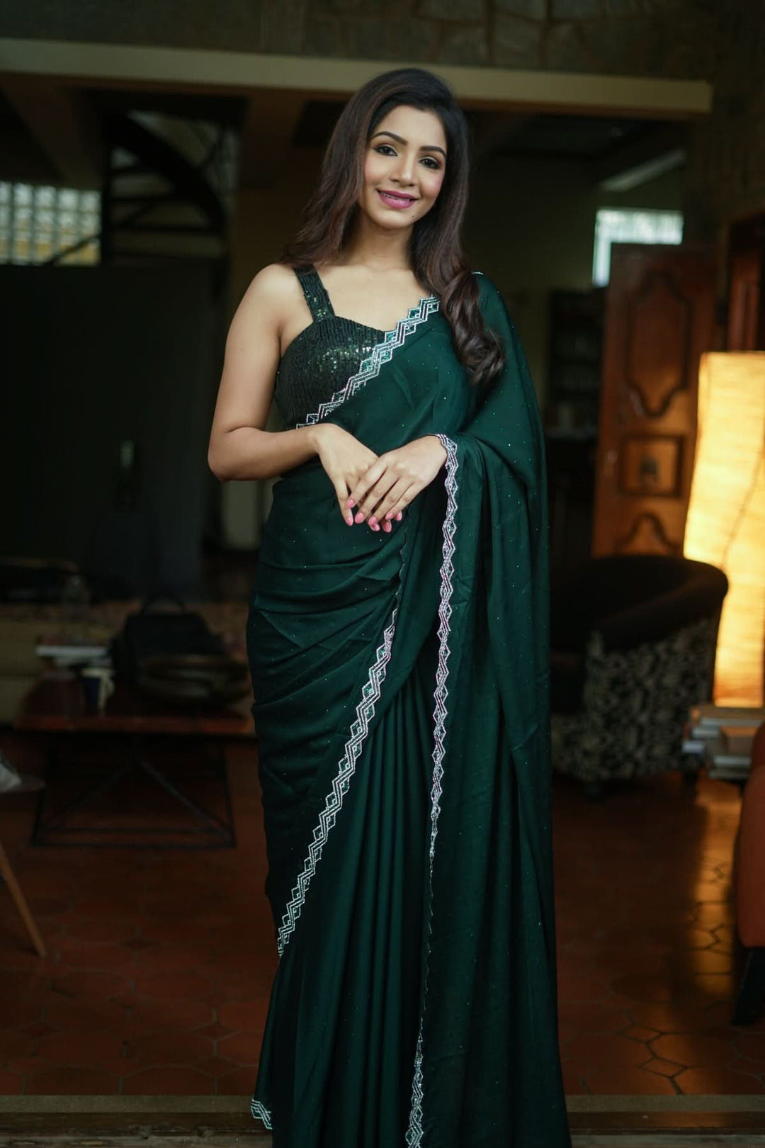 Shamoo Satin Silk saree in Bottle Green with elegant crystal work | SHOBITAM