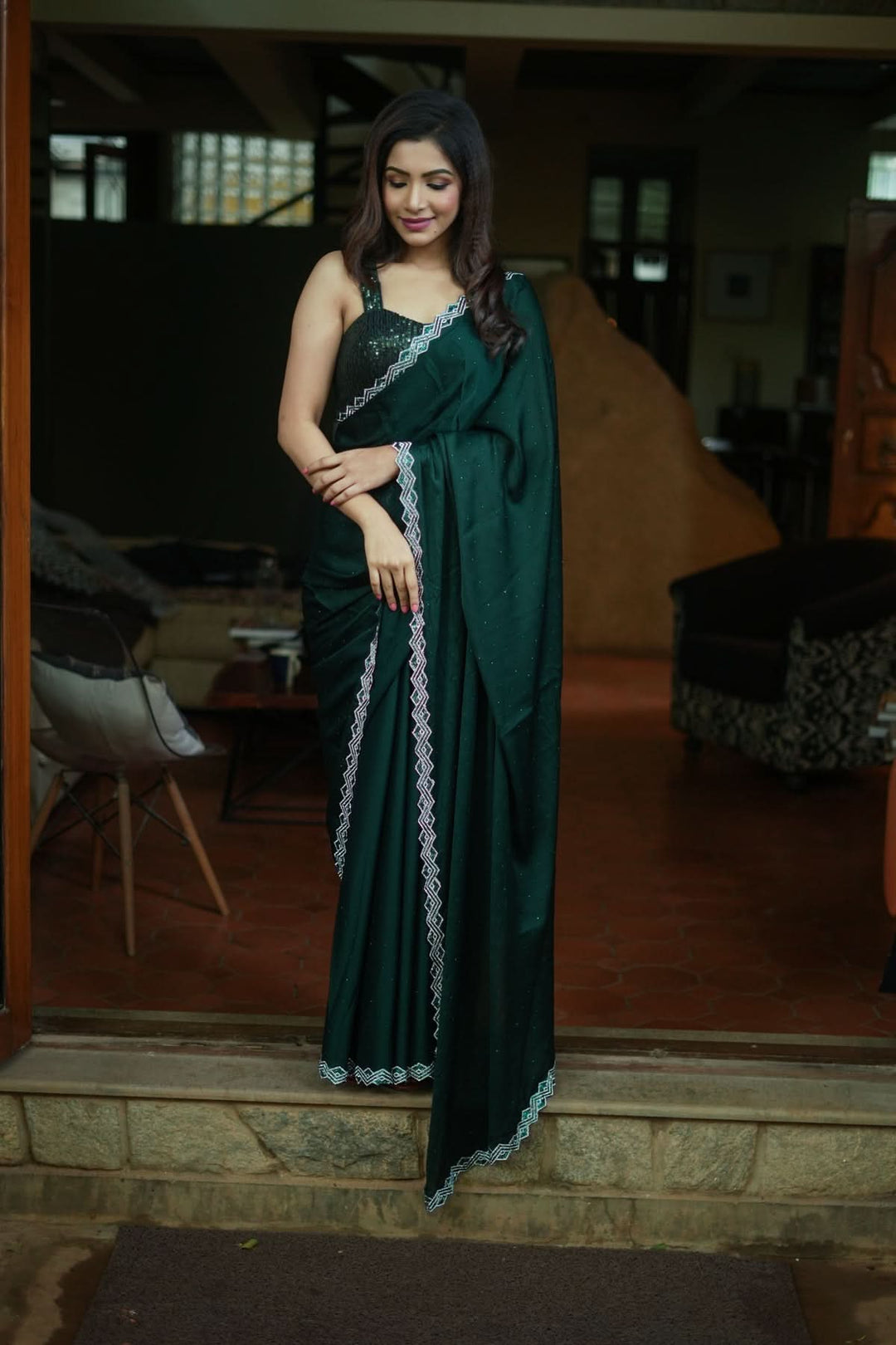 Shamoo Satin Silk saree in Bottle Green with elegant crystal work | SHOBITAM