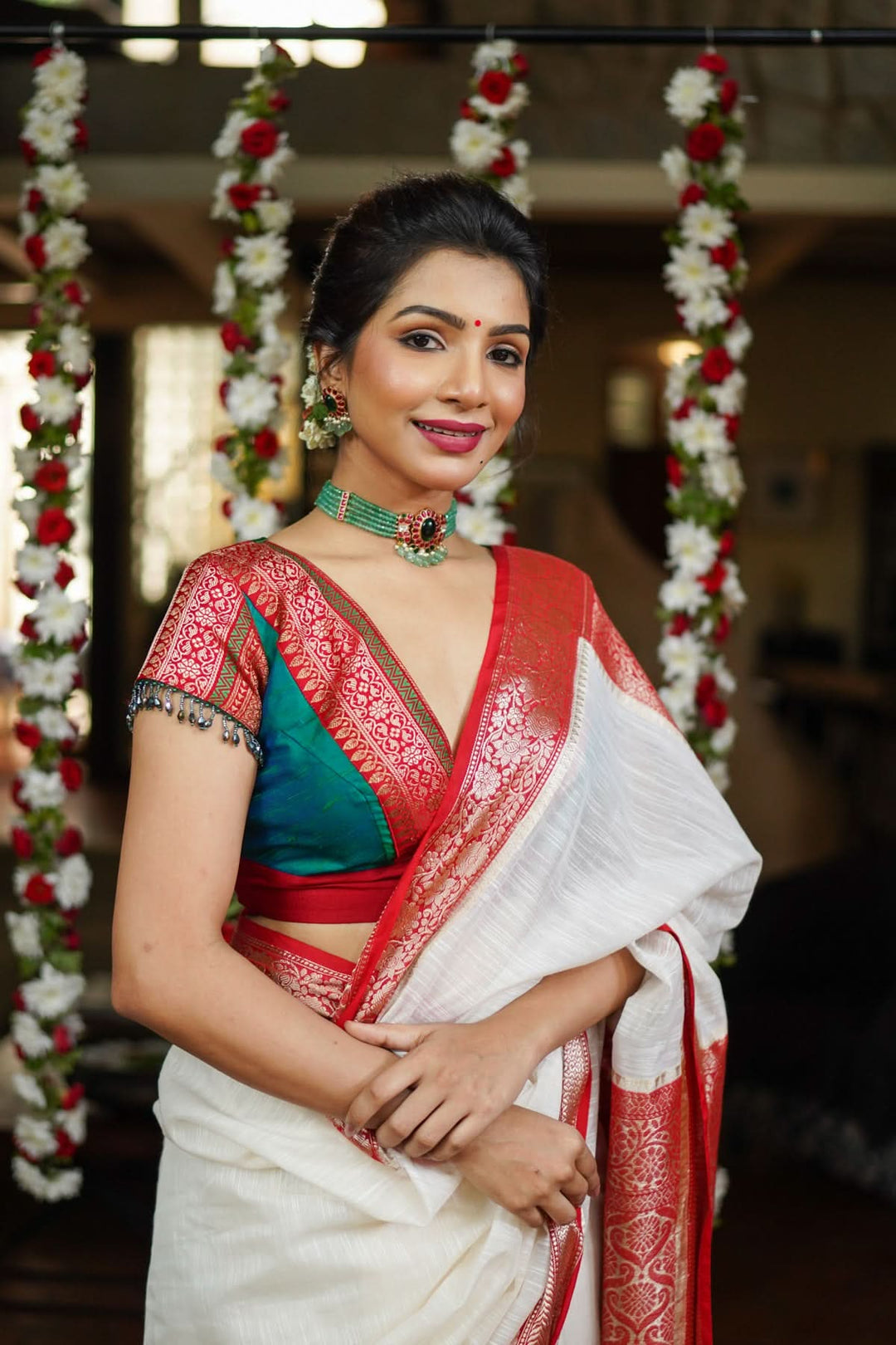 Green Red Blouse with V neck  Mix and Match Blouse for saree, Made to Order