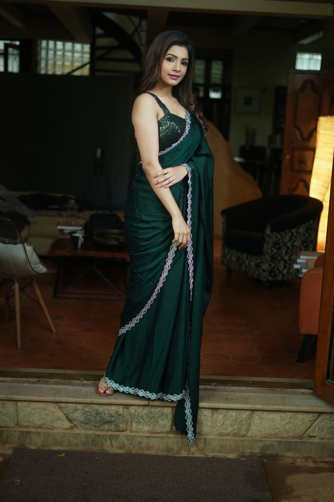 Shamoo Satin Silk saree in Bottle Green with elegant crystal work | SHOBITAM