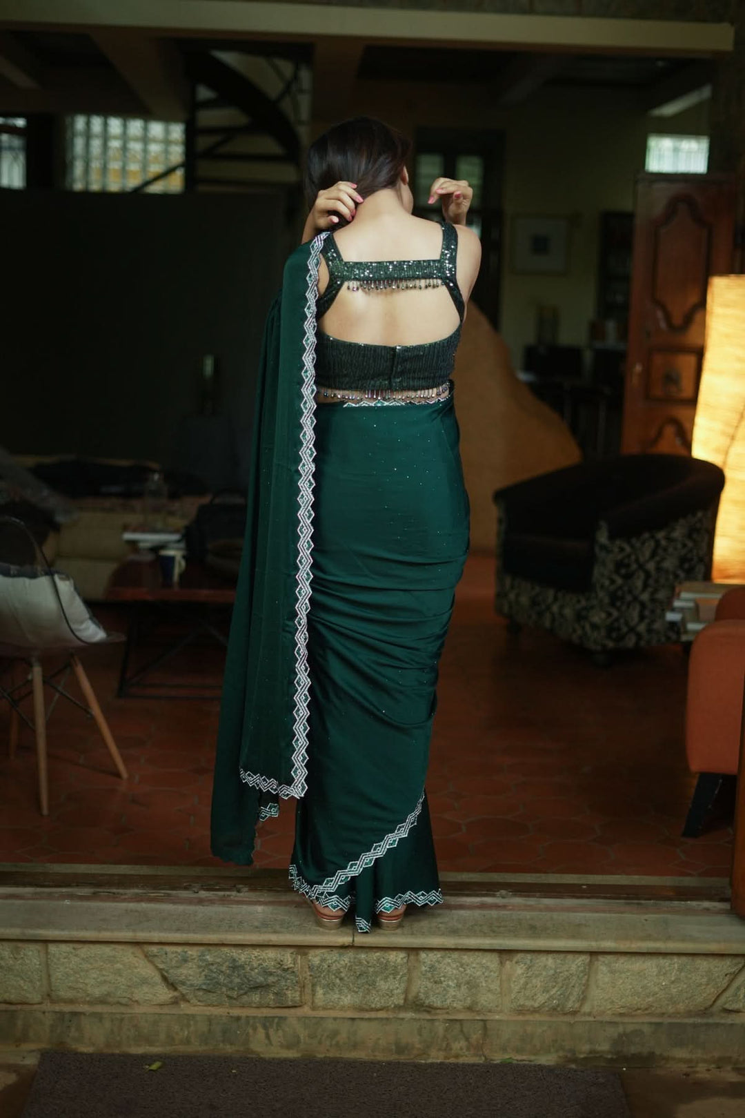 Shamoo Satin Silk saree in Bottle Green with elegant crystal work | SHOBITAM