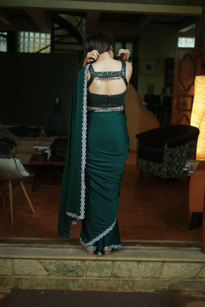 Shamoo Satin Silk saree in Bottle Green with elegant crystal work | SHOBITAM