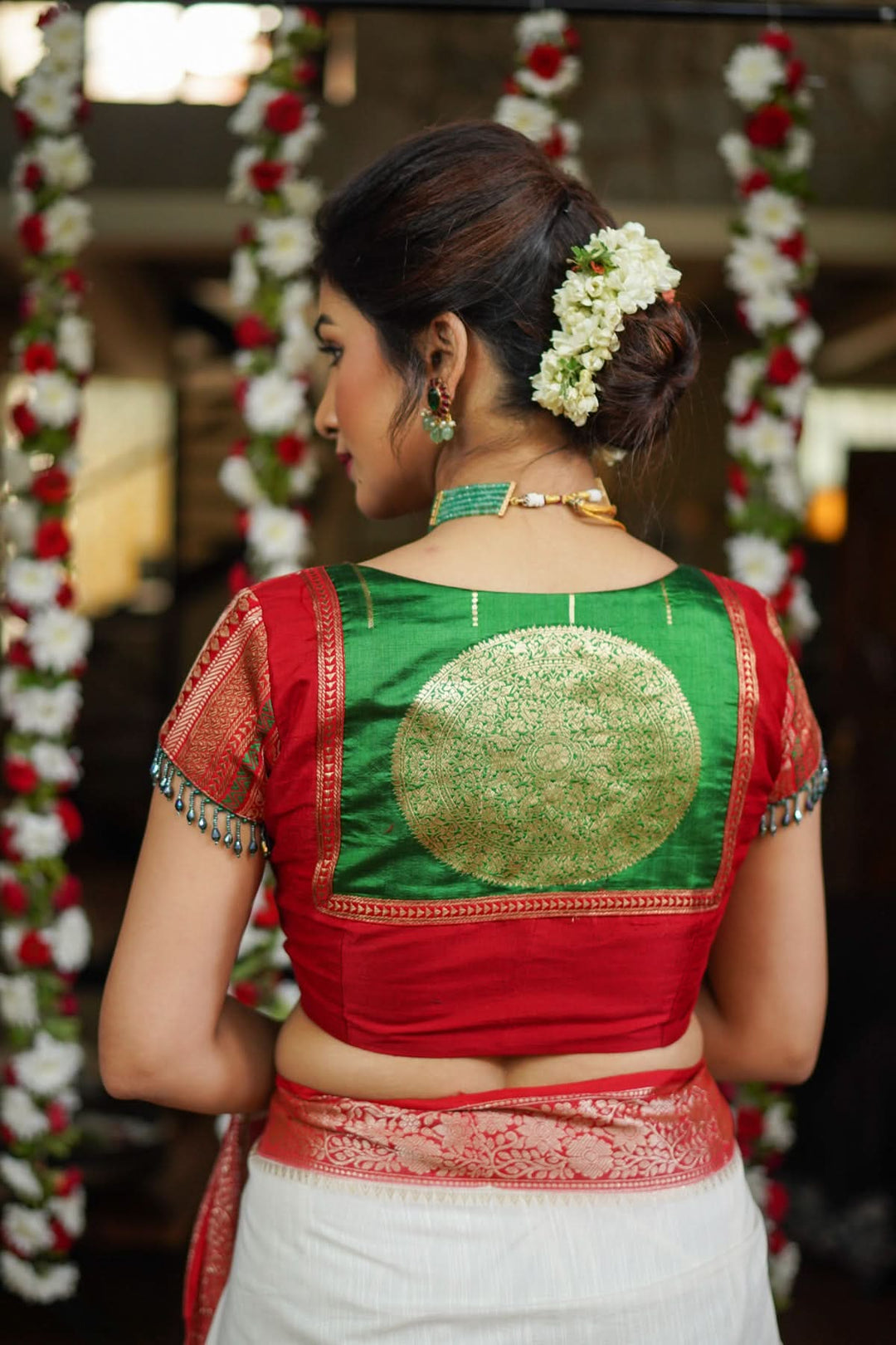 Green Red Blouse with V neck  Mix and Match Blouse for saree, Made to Order