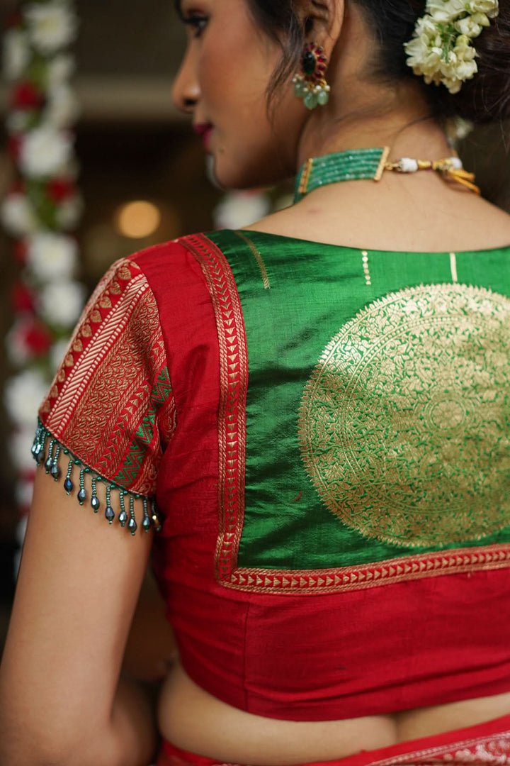 Green Red Blouse with V neck  Mix and Match Blouse for saree, Made to Order