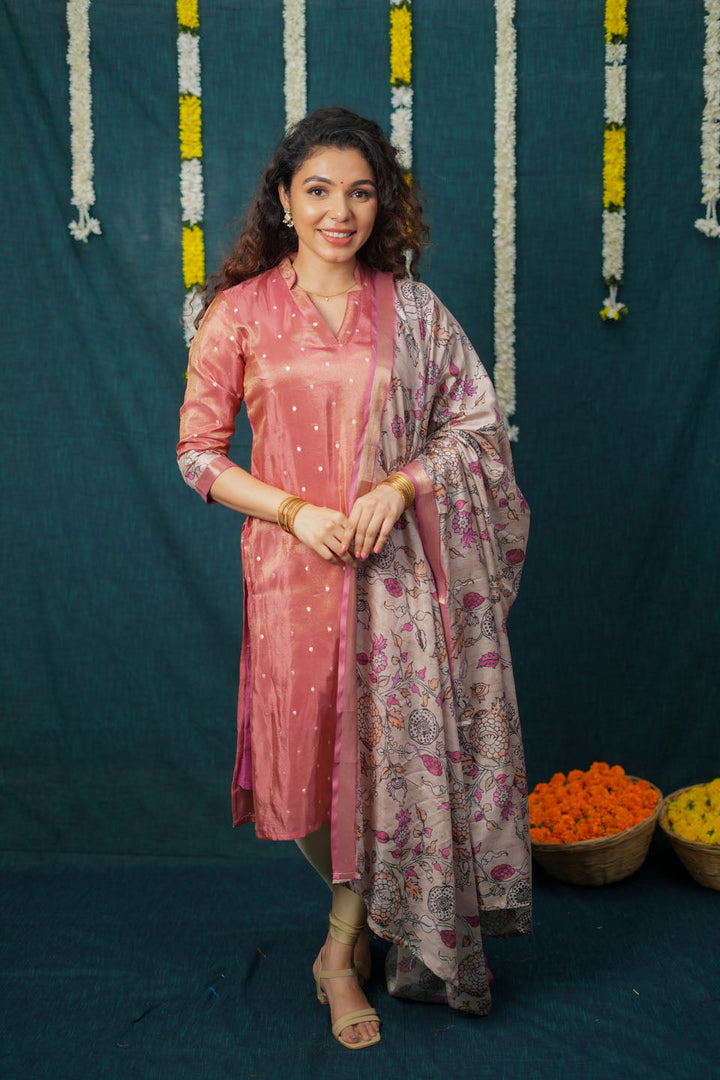 Charita Rust Pink Chanderi Kurta with Kalamkari Dupatta | SHOBITAM