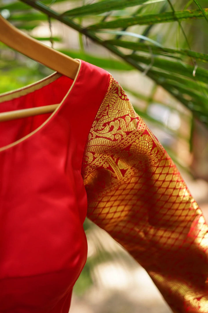 Red kanjivaram Silk Blouse with 3/4th Sleeves Mix and Match Blouse for saree, Made to Order