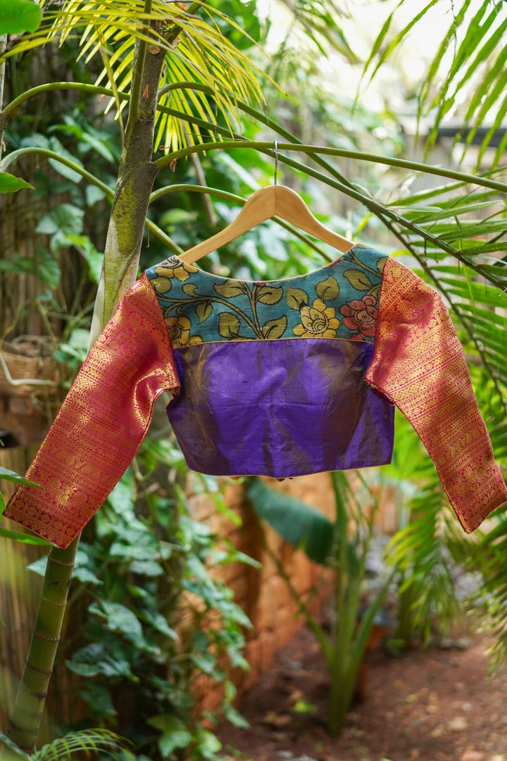 Purple  Silk Blouse with pen Kalamkari Yoke  Mix and Match Blouse for saree, Made to Order