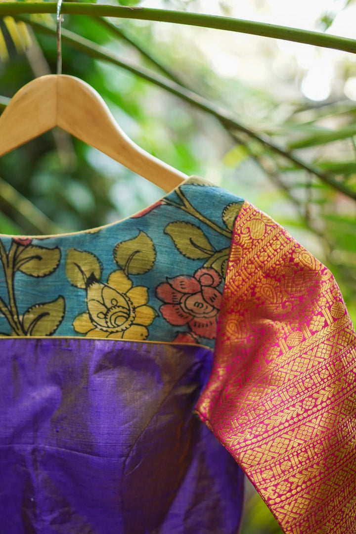 Purple  Silk Blouse with pen Kalamkari Yoke  Mix and Match Blouse for saree, Made to Order