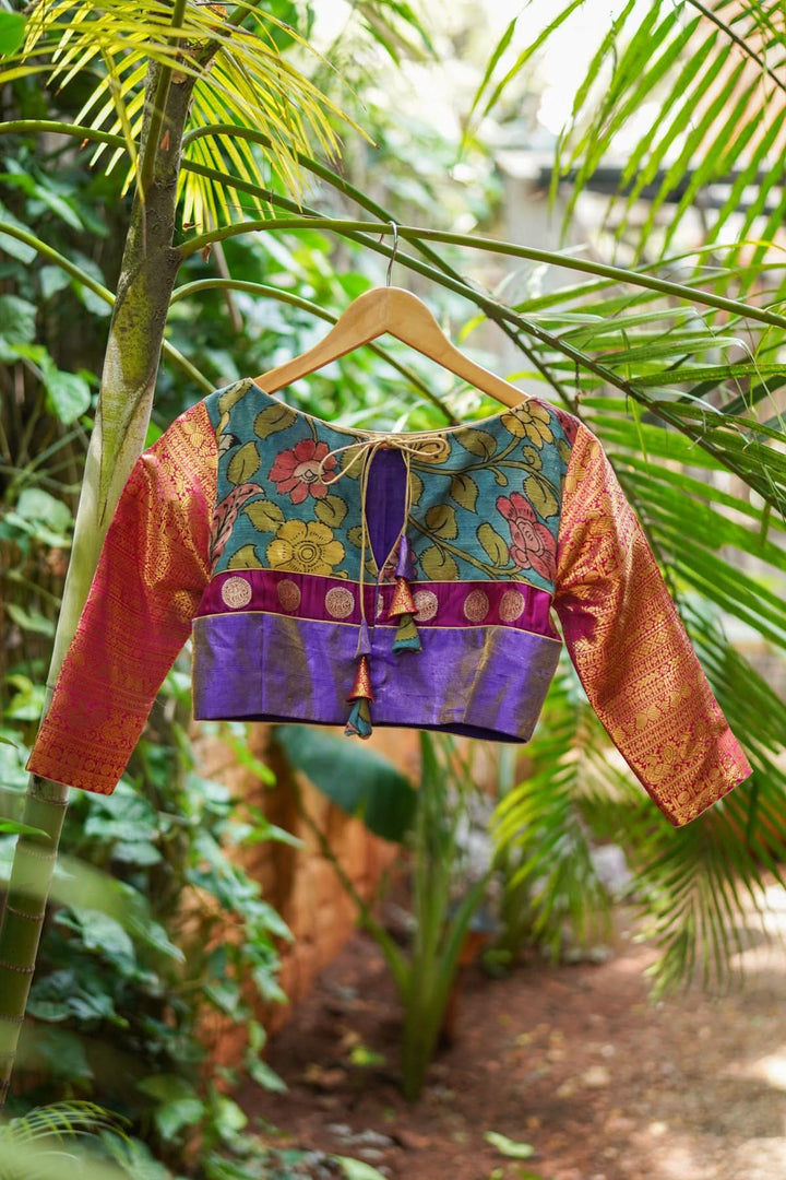 Purple  Silk Blouse with pen Kalamkari Yoke  Mix and Match Blouse for saree, Made to Order