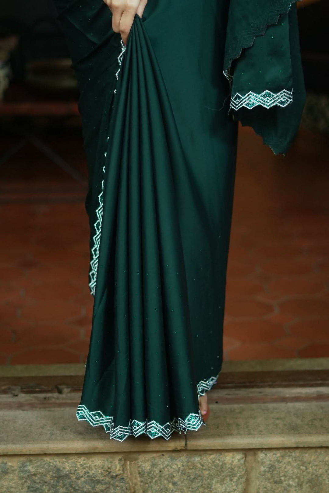 Shamoo Satin Silk saree in Bottle Green with elegant crystal work | SHOBITAM