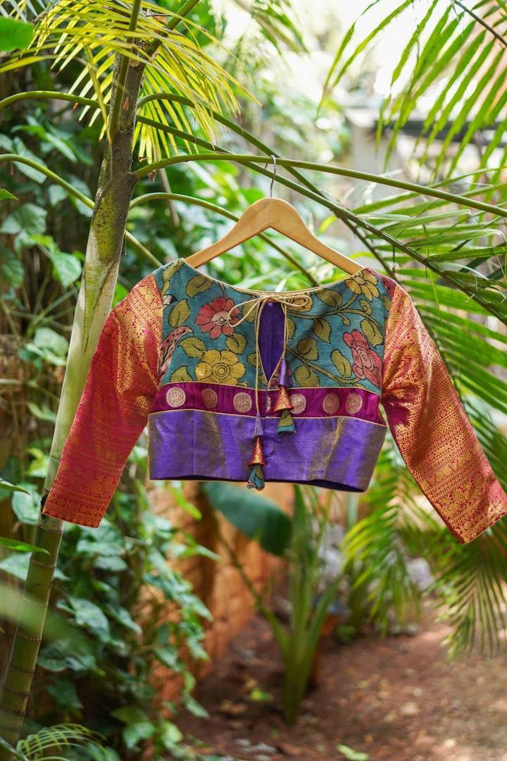 Purple  Silk Blouse with pen Kalamkari Yoke  Mix and Match Blouse for saree, Made to Order