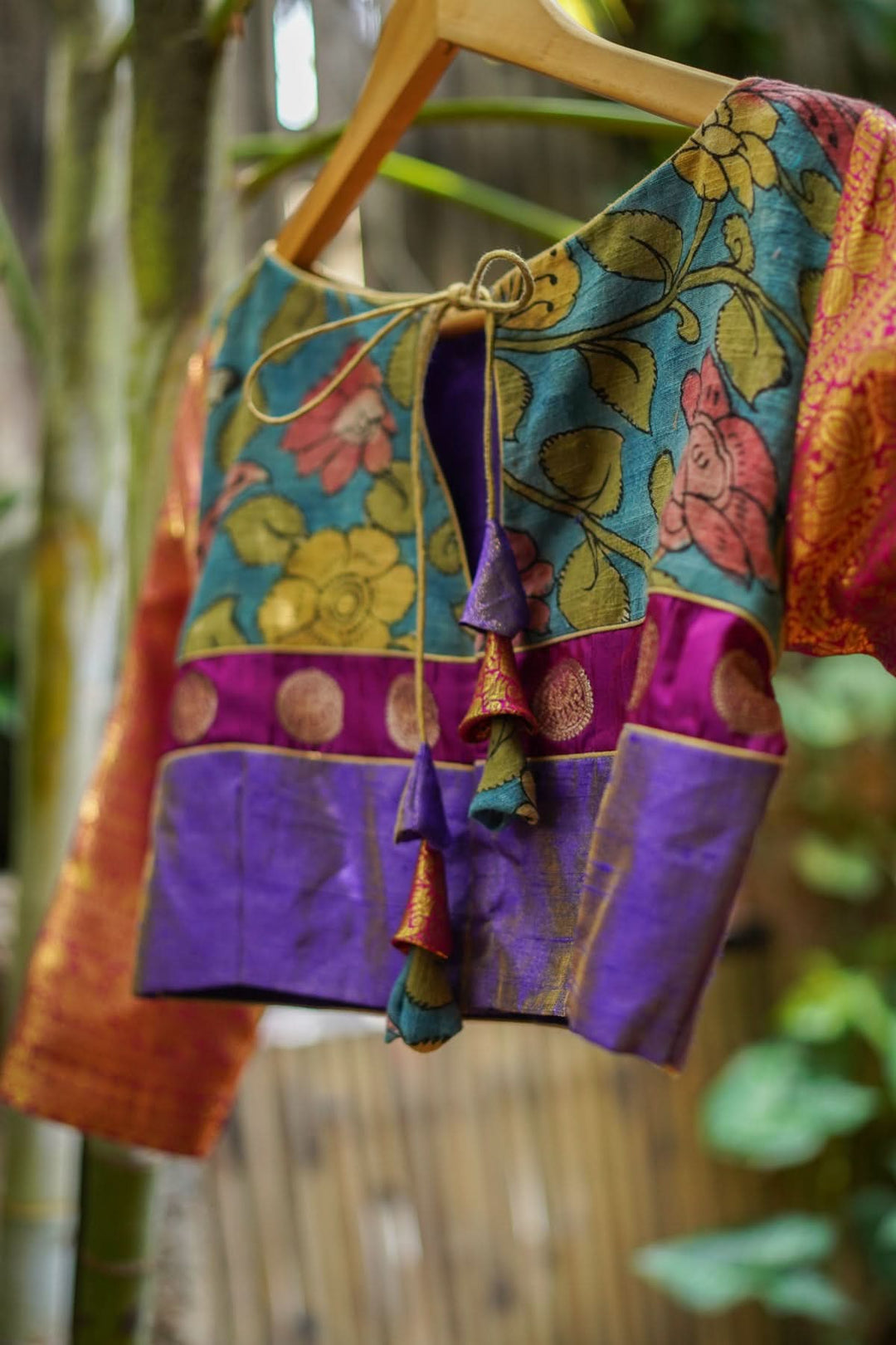 Purple  Silk Blouse with pen Kalamkari Yoke  Mix and Match Blouse for saree, Made to Order