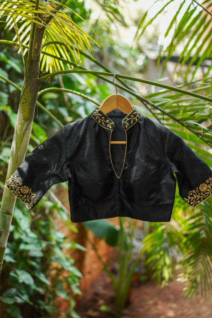 Black Raw Silk Blouse with Collar Neck and Zardosi Work   Mix and Match Blouse for saree, Made to Order