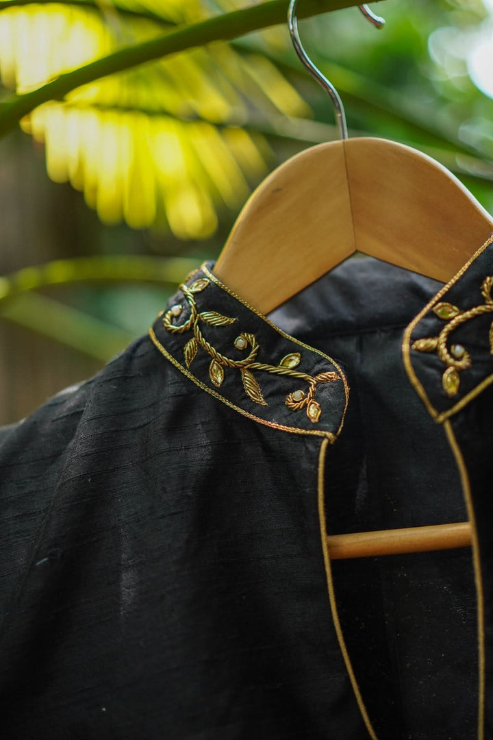 Black Raw Silk Blouse with Collar Neck and Zardosi Work   Mix and Match Blouse for saree, Made to Order