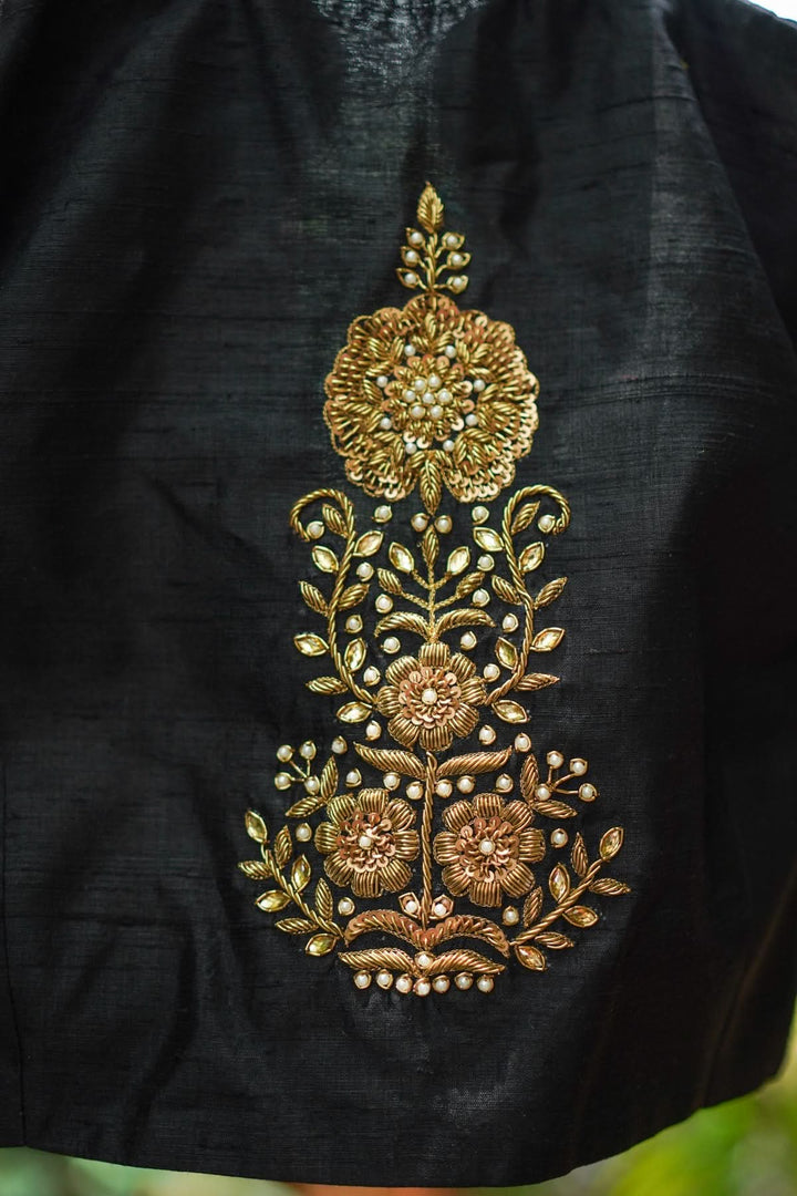 Black Raw Silk Blouse with Collar Neck and Zardosi Work   Mix and Match Blouse for saree, Made to Order
