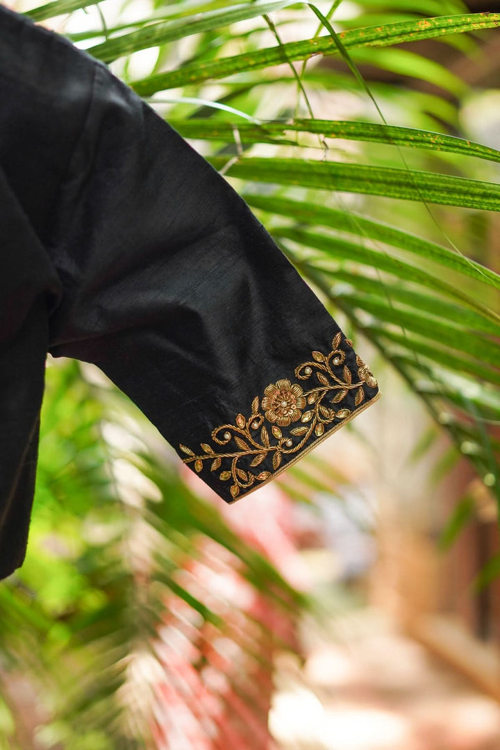 Black Raw Silk Blouse with Collar Neck and Zardosi Work   Mix and Match Blouse for saree, Made to Order